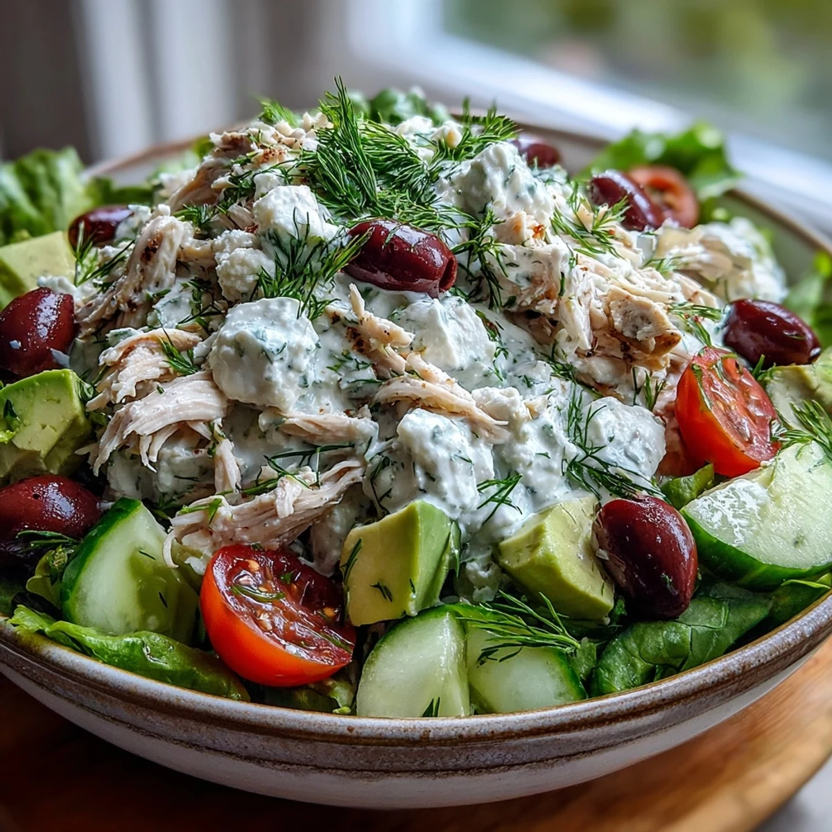 A vibrant bowl of Tzatziki Chicken Salad featuring tender shredded chicken, creamy homemade tzatziki sauce, crisp diced cucumbers, and fresh dill garnish.  