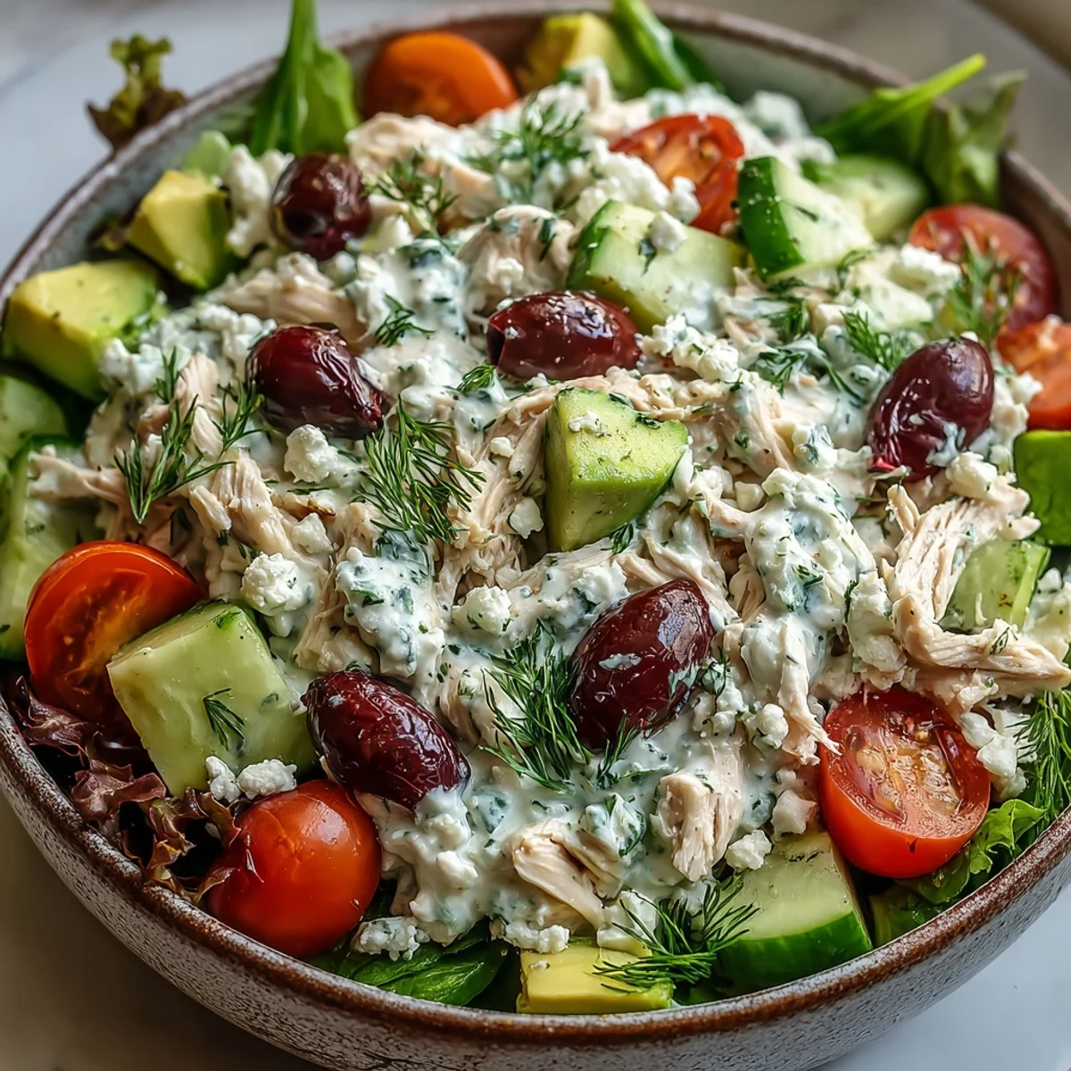 Close-up of Tzatziki Chicken Salad showing juicy shredded chicken coated in creamy cucumber-yogurt dressing with red onion and avocado for extra texture.
