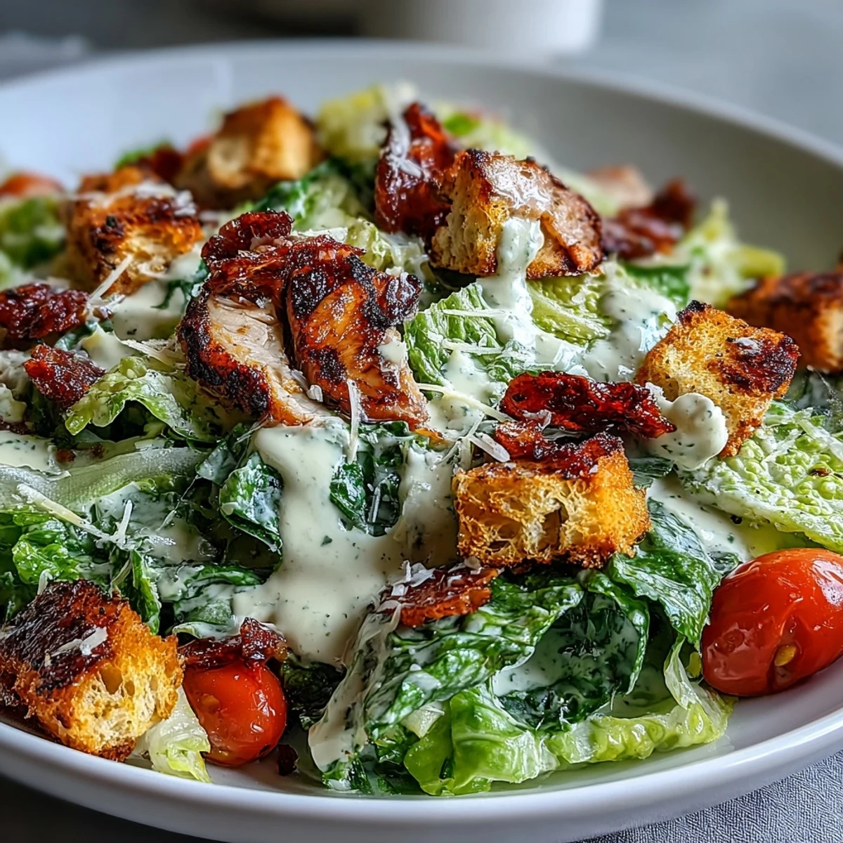 Fresh Romaine Caesar Bowl salad topped with grilled chicken slices, crunchy croutons, and creamy homemade Caesar dressing.