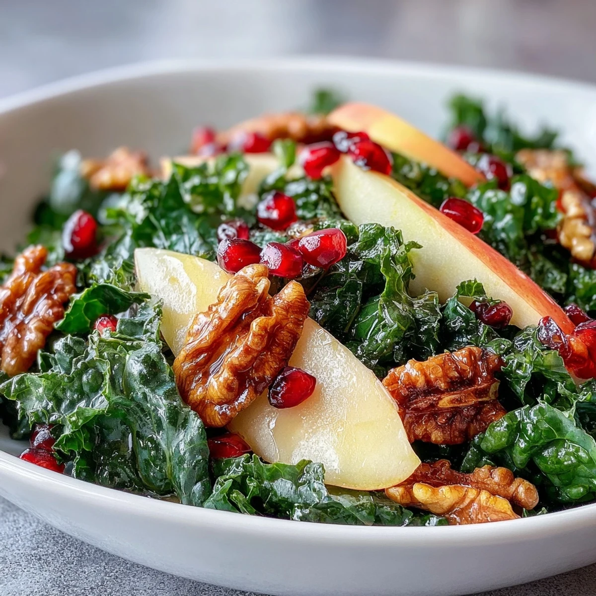 Freshly massaged kale topped with crisp apple slices, ruby-red pomegranate seeds, and crunchy walnuts in a vibrant bowl.