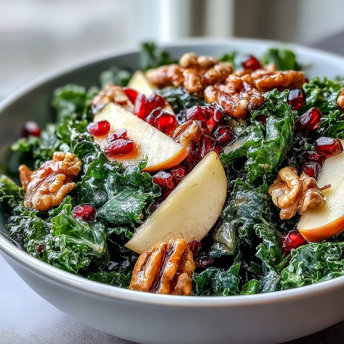 Healthy Kale and Pomegranate Bowl with tender kale, juicy seeds, and crisp apple, ready for a light lunch.