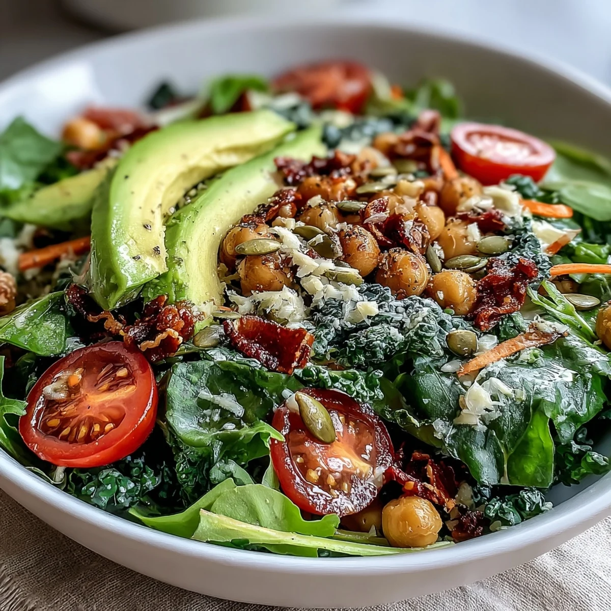 Close-up of a Mixed Greens Power Bowl featuring cherry tomatoes, cucumbers, and pumpkin seeds, perfect for a quick meal.