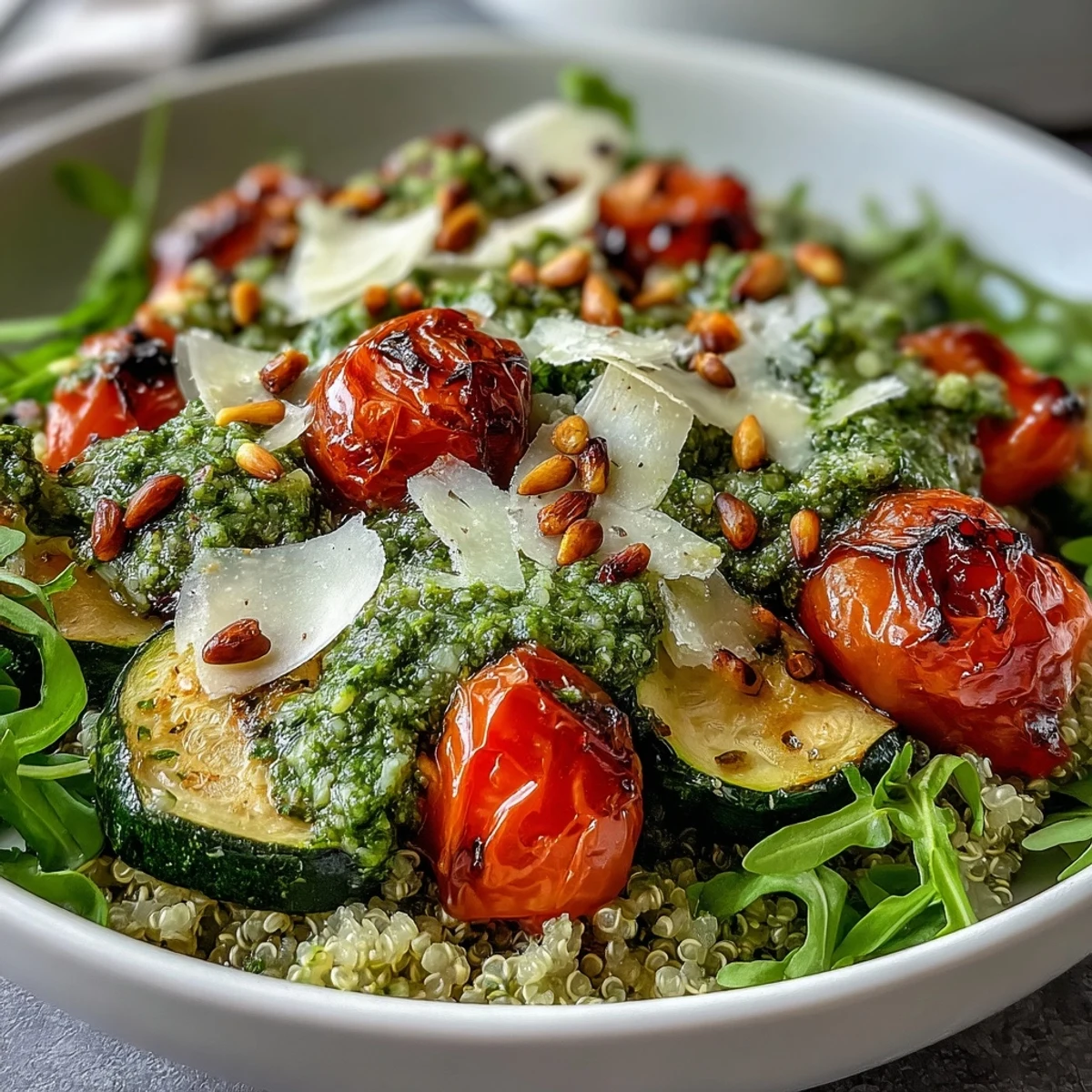 Bright and fresh Arugula Pesto Bowl topped with roasted vegetables, shaved Parmesan, and toasted pine nuts for crunch.