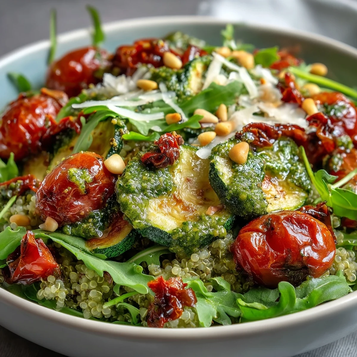 Hearty Arugula Pesto Bowl plated on a bed of fresh greens, garnished with pine nuts and a lemon wedge.