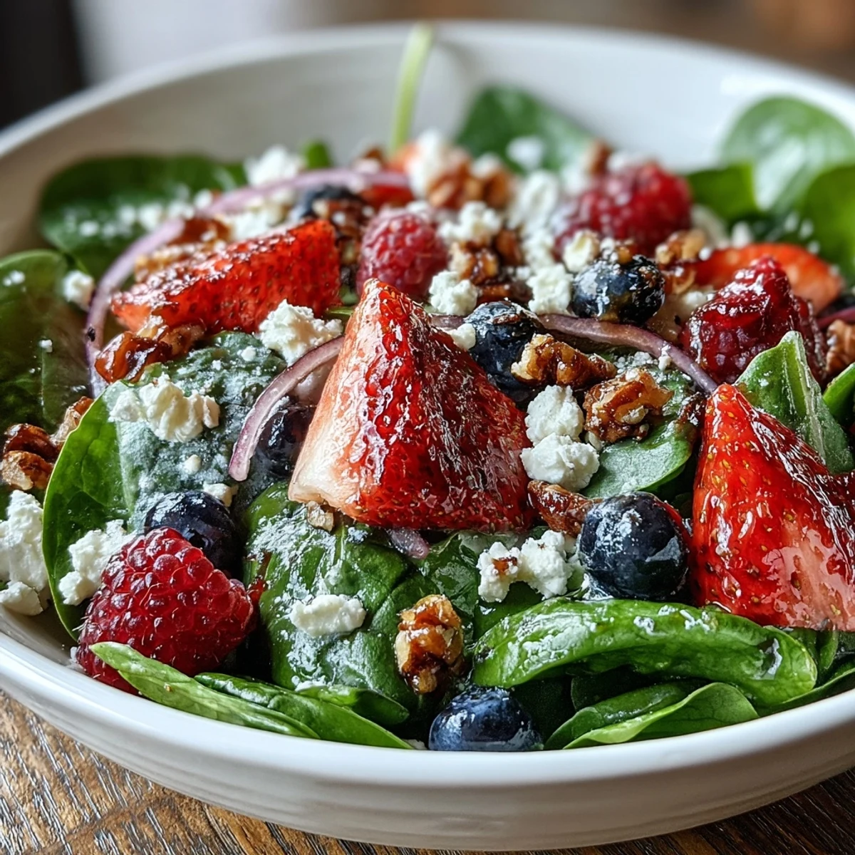 Colorful spinach and berry salad bowl with creamy goat cheese and crunchy nuts, tossed in a honey-Dijon vinaigrette.