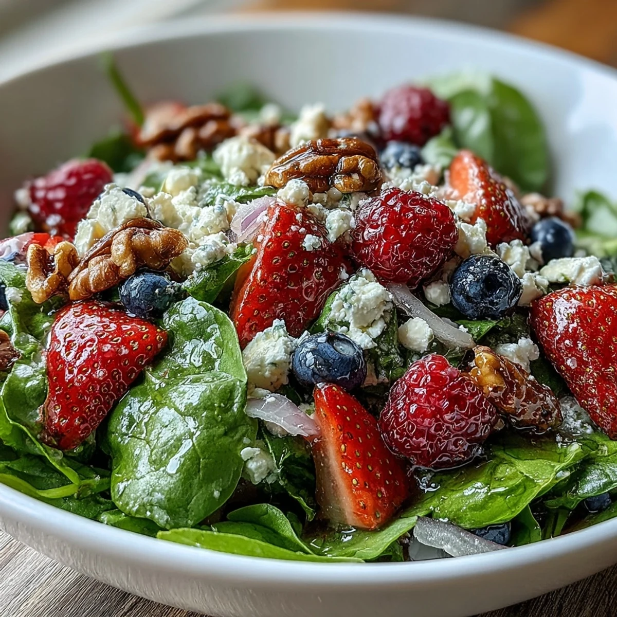 A vibrant bowl of spinach and berry salad, featuring juicy strawberries, blueberries, and tangy goat cheese, perfect for a light lunch.