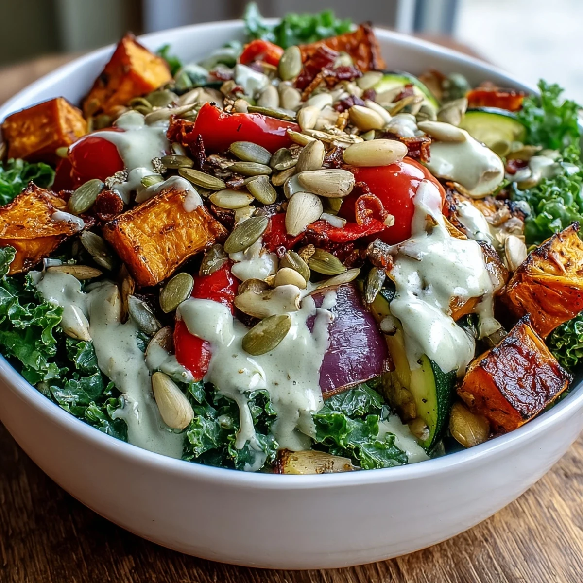 Golden roasted vegetables and toasted almonds top a massaged kale base in this hearty Kale Salad Bowl. 