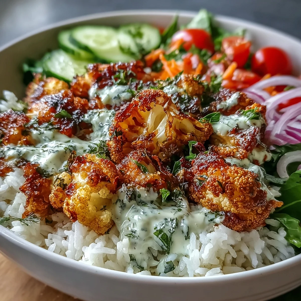 Golden herb-roasted cauliflower florets piled over fluffy basmati rice in a white bowl.