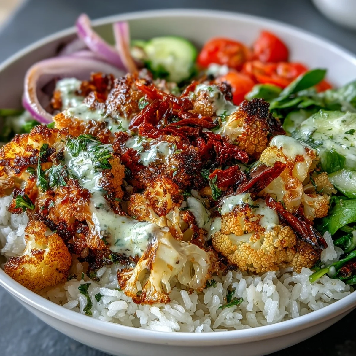 Roasted Cauliflower Bowl topped with crisp cucumber, shredded carrots, and bright cherry tomatoes.