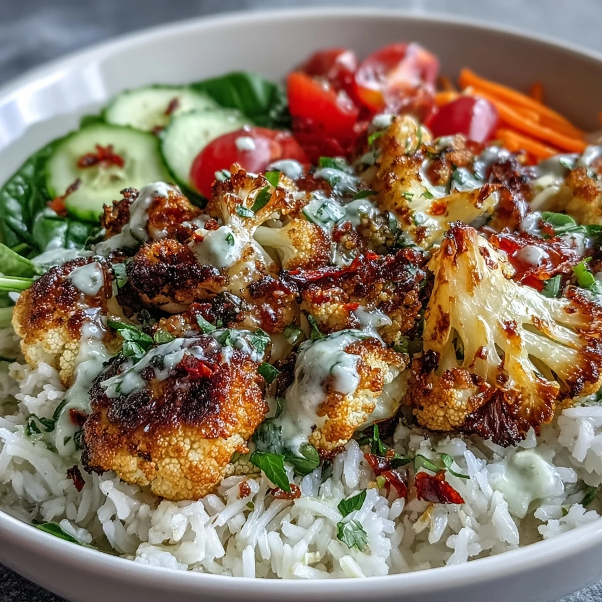 A nourishing Roasted Cauliflower Bowl drizzled with creamy tahini sauce and fresh baby spinach.