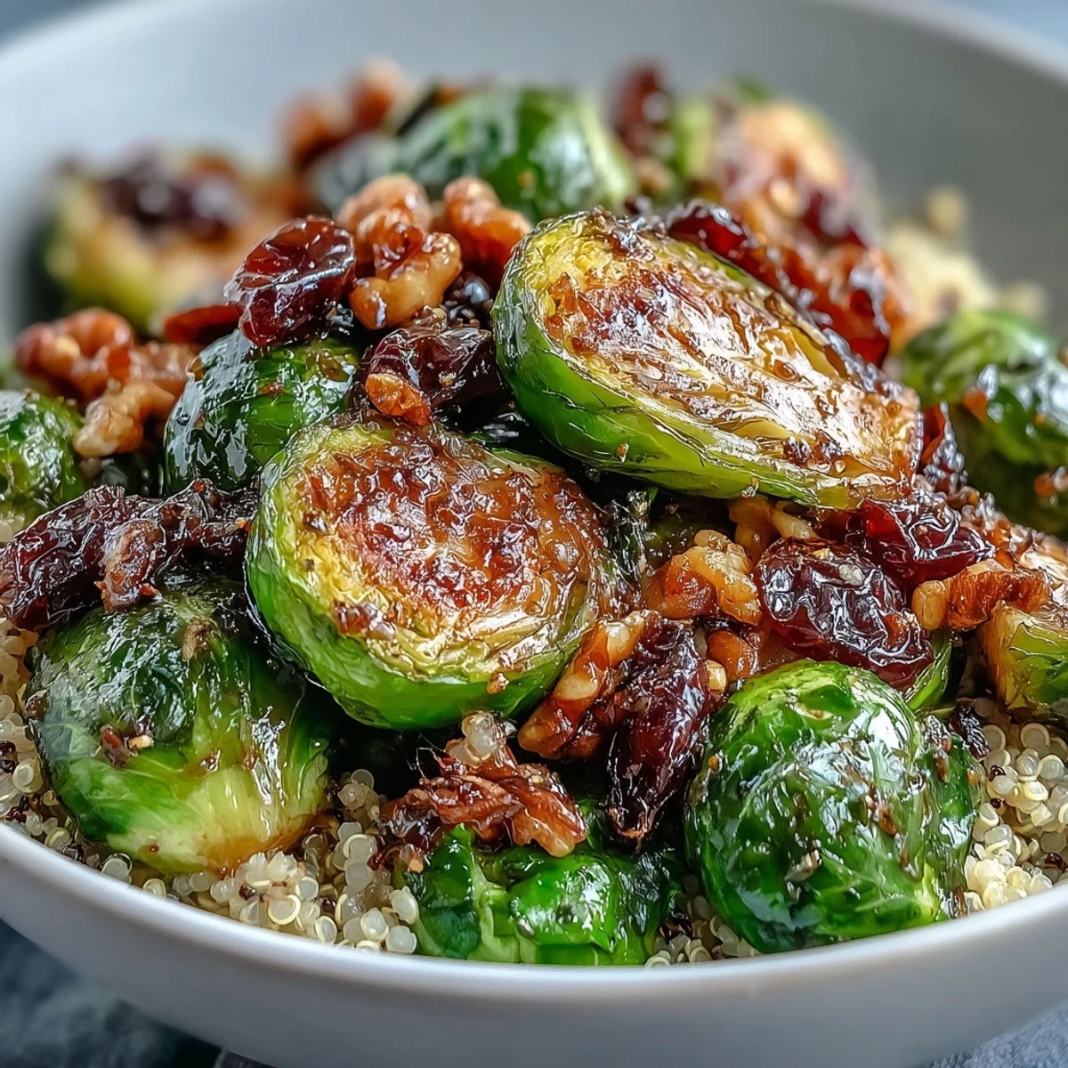 Golden roasted Brussels sprouts with red onions caramelized edges rest on fluffy quinoa, drizzled with tangy balsamic dressing in this wholesome bowl.