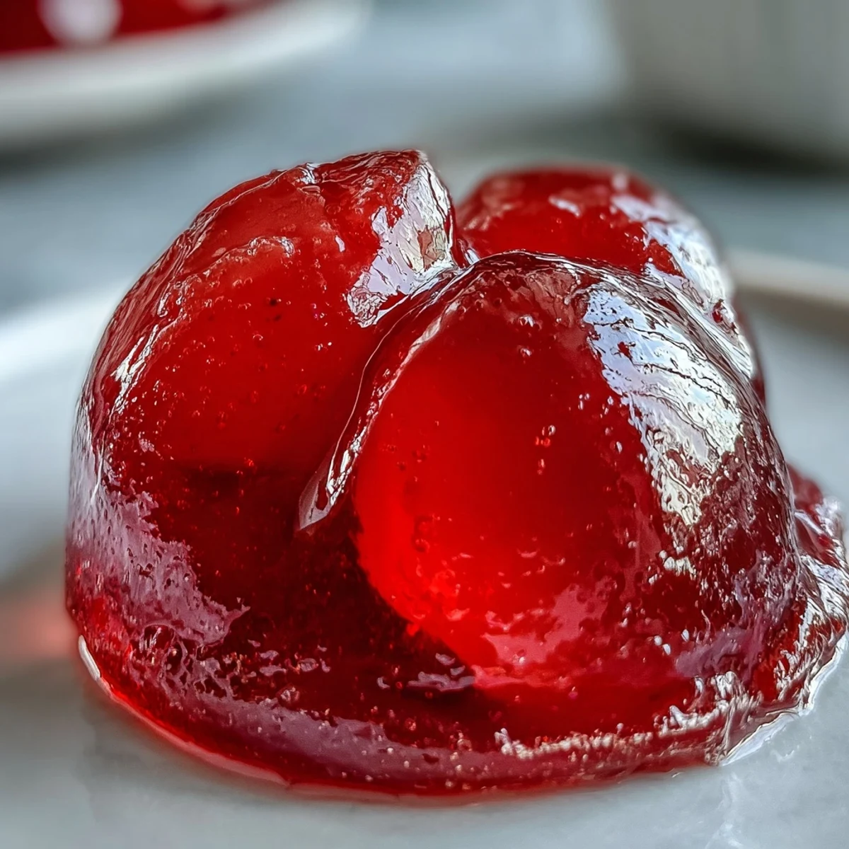Bright red guava jelly gleams in a glass jar with a spoon, surrounded by fresh guava halves and toast, perfect for breakfast.