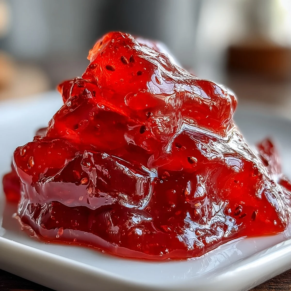 Homemade guava jelly fills a clear glass jar with a spoon beside it, highlighting the recipe’s vibrant, jewel-toned color and texture.