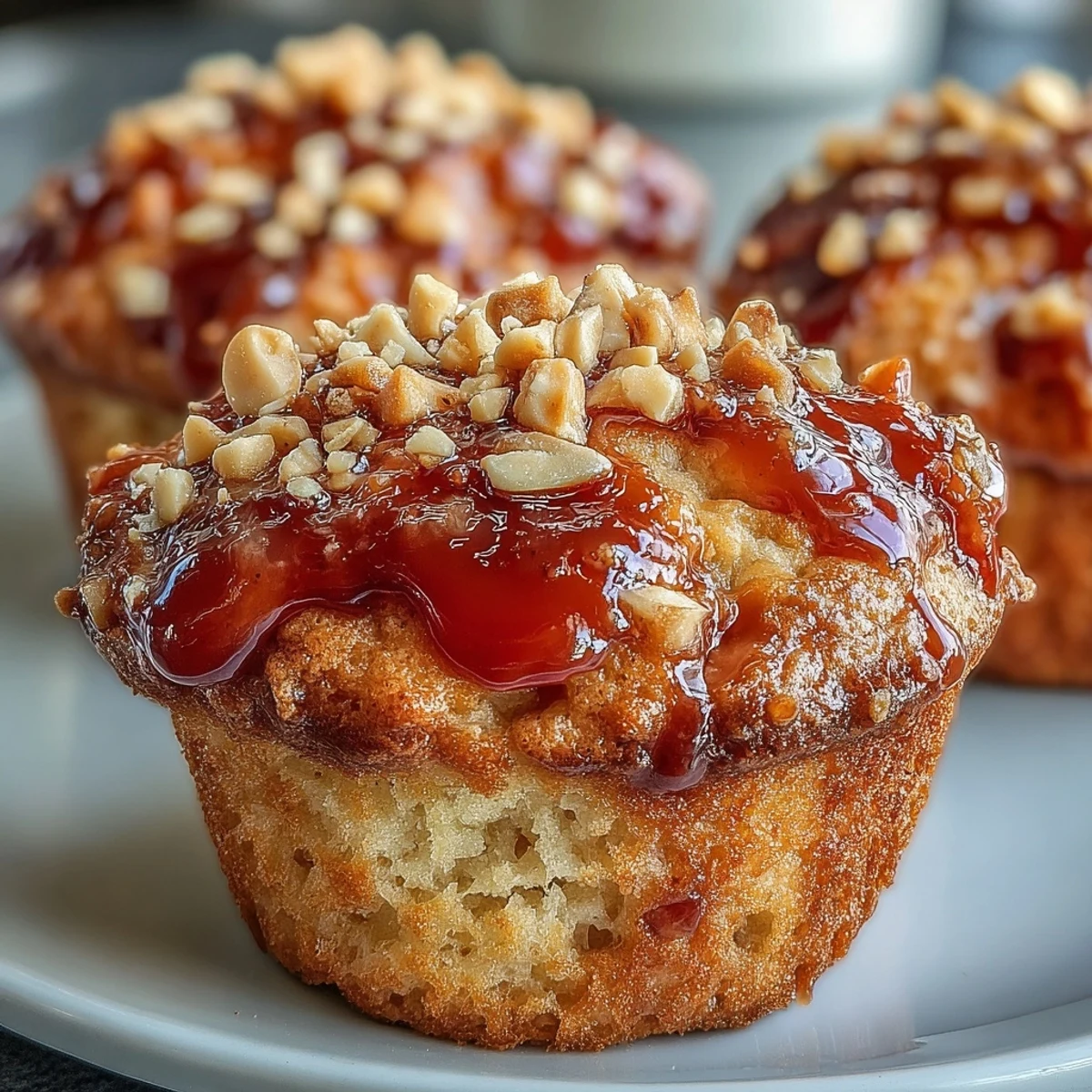 Warm Peanut Butter and Guava Muffins topped with chopped peanuts and gooey guava preserves beside a glass of milk.
