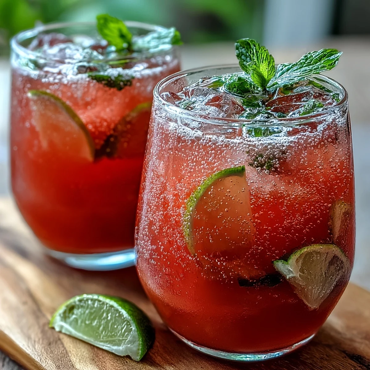 A refreshing glass of Guava Juice With Sparkling Water, filled with ice and garnished with fresh lime slices.