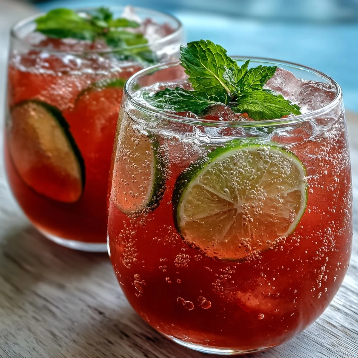 Two vibrant glasses of Guava Juice With Sparkling Water topped with mint leaves and set on a sunny patio table.