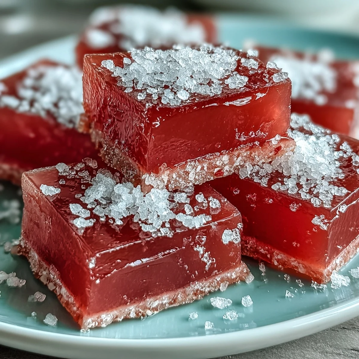 Freshly cut Guava Cheese squares dusted with sugar, showing a vibrant pink hue and soft, fudgy texture.