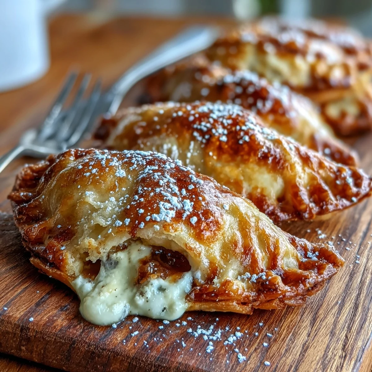 Inside these Guava and Cheese Empanadas, melted cheese and sweet guava filling peek from a fork-pierced crust.