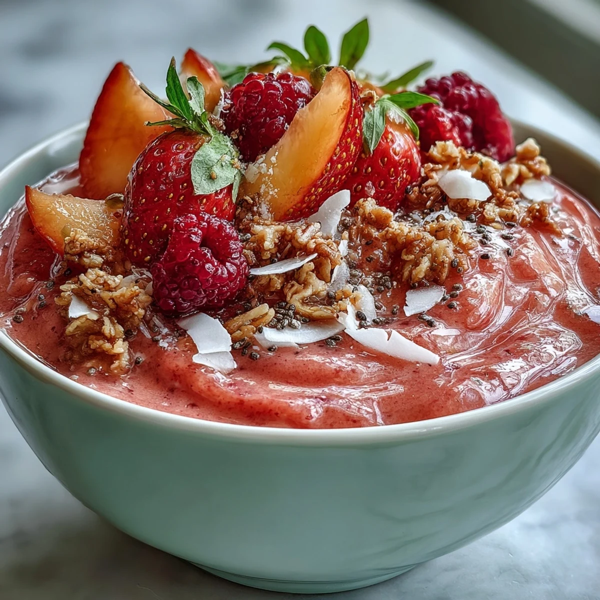 Creamy guava and mango smoothie bowl topped with granola, fresh berries, and coconut flakes for a vibrant breakfast.