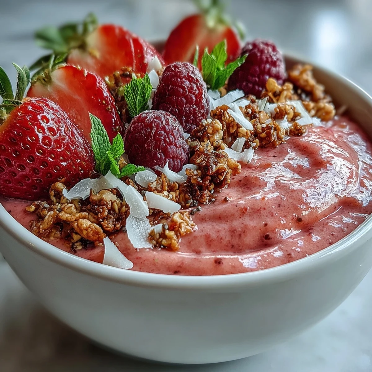 Close-up of a vibrant guava and mango smoothie bowl with crunchy granola and coconut, ready to serve.