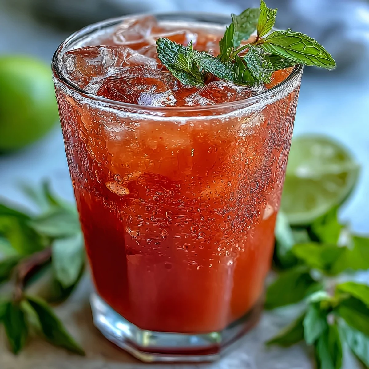 Two glasses of chilled Guava Nectar Drink with vibrant pink liquid, fresh mint leaves, and condensation on the glass.