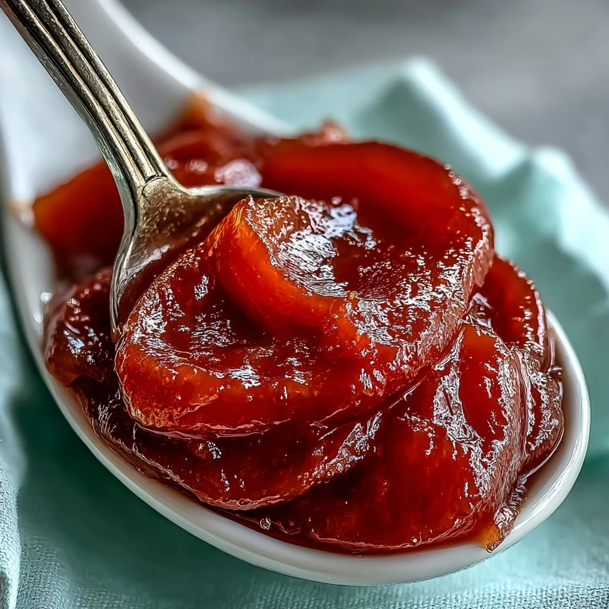 Glossy, ruby-red guava paste cooling in a parchment-lined loaf pan, ready for slicing.
