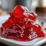 Homemade guava jelly fills a clear glass jar with a spoon beside it, highlighting the recipe’s vibrant, jewel-toned color and texture.