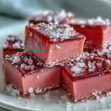 A glossy slab of Guava Cheese fudge lifted from the pan, revealing jewel-toned interior and fragrant tropical aroma.