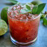 A tall glass of Guava Nectar Drink filled with ice, garnished with a fresh lime wedge and mint sprig.