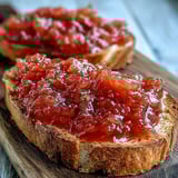 Thick, sweet guava preserves in a glass jar, spooned onto a slice of toast with melting butter.