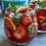 Vibrant Strawberry Basil Sangria Mocktail served over ice with citrus slices and basil garnish, a refreshing alcohol-free drink.