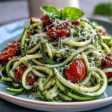 Colorful zucchini noodles with basil pesto and cherry tomatoes, a light and satisfying gluten-free dish