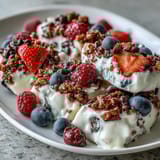Colorful Frozen Yogurt Bark with Berries and Granola: a refreshing, no-bake snack topped with fresh fruit and crunchy clusters.