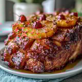 Festive honey glazed ham with caramelized pineapple and cherries, perfect for Easter or holiday dinners.  