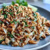 A colorful plate of Cabbage Pad Thai garnished with peanuts and fresh lime.