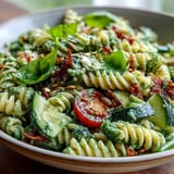 A refreshing bowl of Green Goddess Pasta Salad bursting with fresh vegetables and herbs.