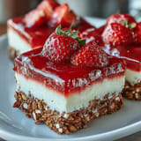 Layered strawberry pretzel salad dessert bars, a delightful no-bake treat.
