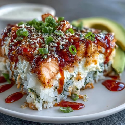 Freshly baked Spicy Salmon Sushi Bake with melted cheese, served warm with creamy avocado slices.