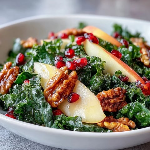 Freshly massaged kale topped with crisp apple slices, ruby-red pomegranate seeds, and crunchy walnuts in a vibrant bowl.