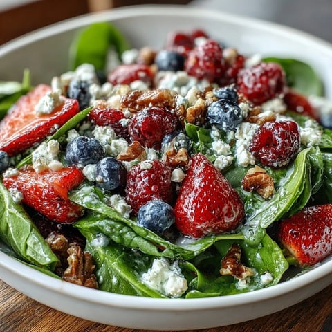 Fresh baby spinach topped with mixed berries, crumbled goat cheese, and toasted walnuts, drizzled with a tangy homemade balsamic vinaigrette.