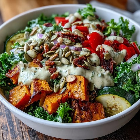 Vibrant Kale Salad Bowl with roasted sweet potatoes, red peppers, and zucchini, tossed with creamy tahini dressing. 