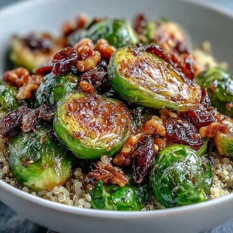 Golden roasted Brussels sprouts with red onions caramelized edges rest on fluffy quinoa, drizzled with tangy balsamic dressing in this wholesome bowl.