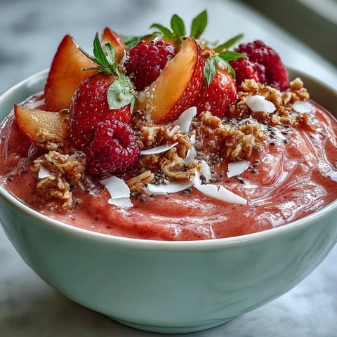 Creamy guava and mango smoothie bowl topped with granola, fresh berries, and coconut flakes for a vibrant breakfast.