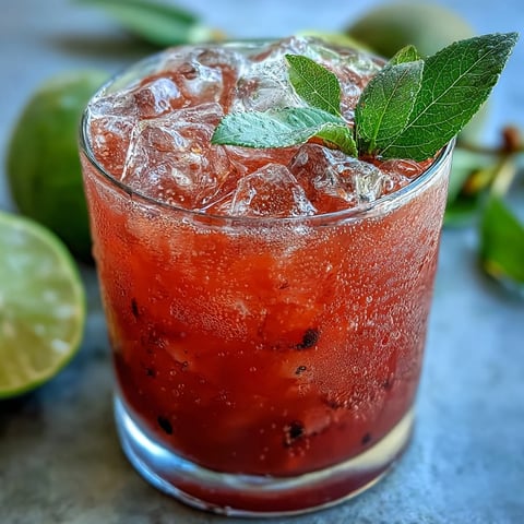 A tall glass of Guava Nectar Drink filled with ice, garnished with a fresh lime wedge and mint sprig.