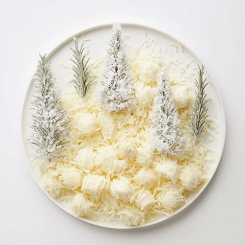 A festive cheese platter stars frosted rosemary "trees" alongside white cheddar snowdrifts.