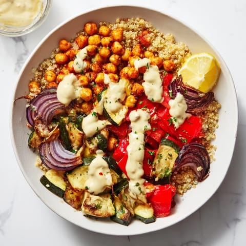 Warm Mediterranean Chickpea and Veggie Grain Bowls showcasing vibrant roasted vegetables and a creamy tahini sauce.
