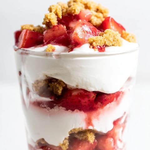 Enjoy a layered Strawberry Cheesecake Parfait; a delicious no-bake dessert with sweet strawberries and creamy cheesecake.