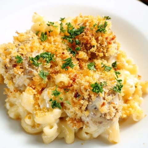 A close-up of a hearty Mac & Cheese Meatball Bake, ready to be served, family-style.