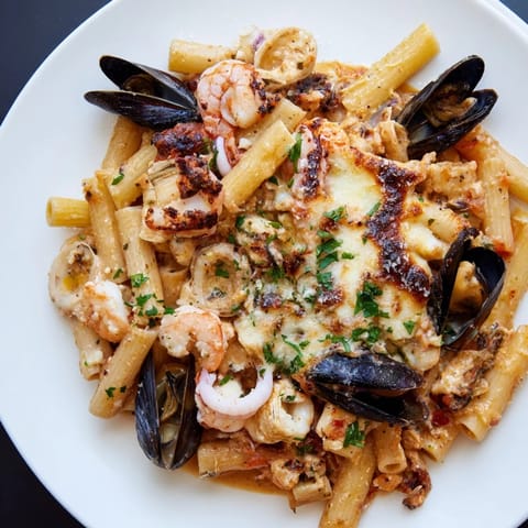 A creamy, cheesy seafood pasta bake, piping hot with visible shrimp and mussels.