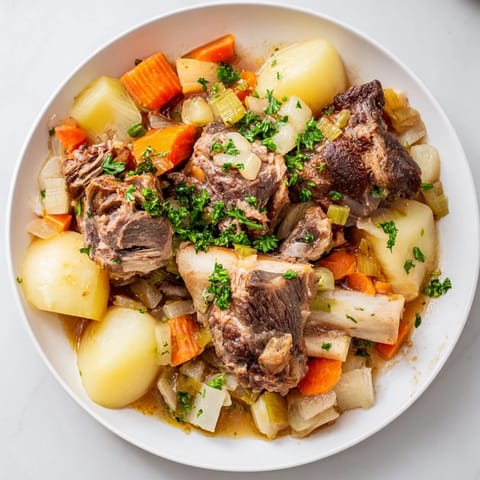 Warm, rich Welsh Cawl stew, with chunks of lamb and vegetables, served with crusty bread.